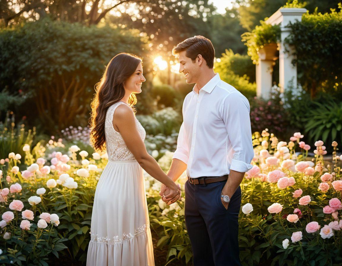 A serene scene of a couple holding hands in a lush garden, surrounded by blooming flowers and soft glowing lights, embodying warmth and connection. In the background, a sunset casts a golden hue, symbolizing deepening romantic bonds. The couple shares a genuine smile, reflecting love and affection. Artistic elements of light flares and delicate petals add a dreamy effect. vibrant colors. soft focus.