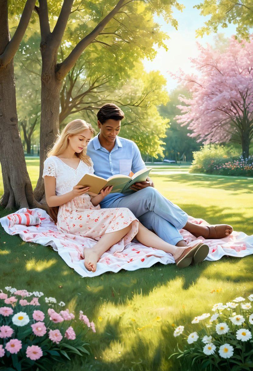 A serene scene depicting a loving couple sharing a picnic in a sun-drenched park, surrounded by blooming flowers symbolizing growth and commitment. Soft sunlight filtering through the trees creates a warm atmosphere, while subtle heart shapes can be formed by the foliage above. Add a hint of a cozy blanket and an open book on relationship advice beside them. soft pastel colors. illustrative style.
