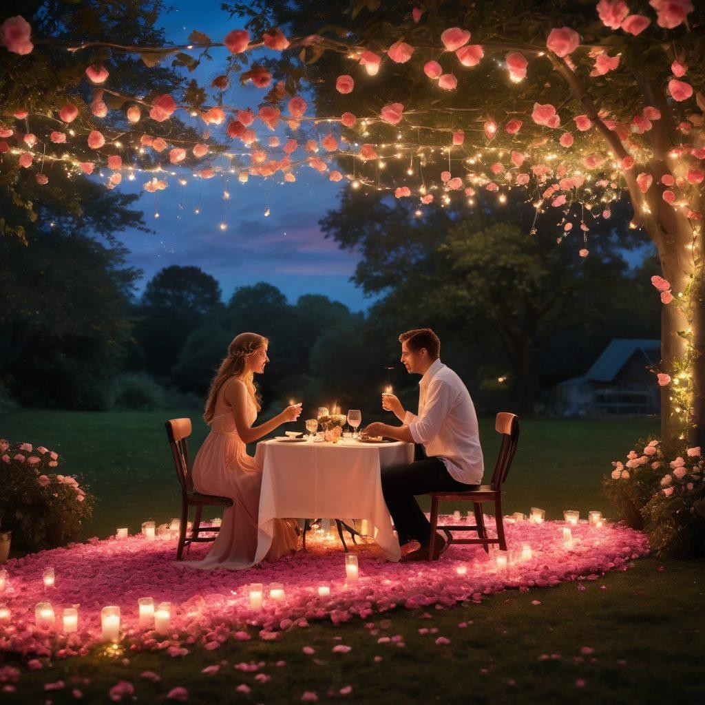 A romantic scene showcasing a couple sharing a candlelit dinner under a starlit sky, surrounded by soft rose petals and glowing fairy lights. Their expressions reflect deep affection and connection, while a gentle breeze rustles the trees in the background. The ambiance is warm and inviting, conveying the essence of heartfelt gestures in love. super-realistic. vibrant colors. soft focus.